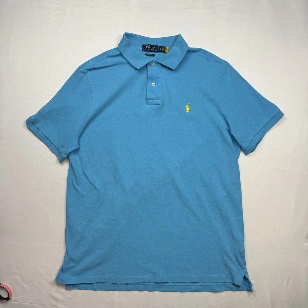 Ralph Lauren Polo Shirt Mens Large Sky Blue Classic Fit Yellow Pony Short Sleeve